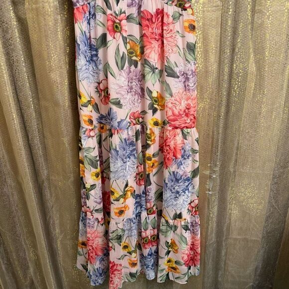 Express Pink Floral Spring Chiffon Tie Strap Tiered Dress Small NWT - Picture 3 of 9